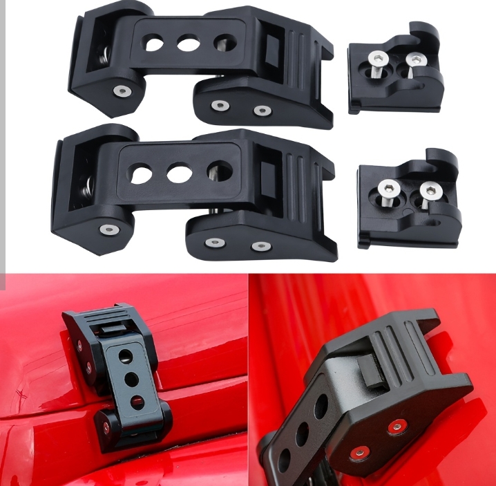 طقم قفل غطاء المحرك (Hood Catch Kit) المصنوع من الألومنيوم الأسود والمتوافق مع سيارات جيب رانجلر JK